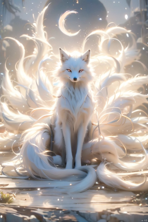 The nine-tailed fox is covered with white and flawless hair, and its nine fluffy tails surround it like a cloud, during which the light and shadow effect, the moonlight is sprinkled on the nine-tailed fox, emitting a soft glow, The color is silver white, the visual Angle looks upward, showing the majesty and beauty of the fox, the quality is delicate, full of dynamic.   The painting was asked to express the mystical charm of the spirit of the nine-tailed fox, echoing the ancient atmosphere of the shrine.   To create a supernatural atmosphere, nine tail bar is very beautiful.
