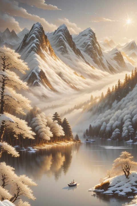  (ultra detailed, High quality ,best quality, High precision, Fine luster, UHD, 16k), (official art, masterpiece, illustration), A landscape painting with a lake, pine trees and a sunset, thick fog, with clear new pop illustrations, (large area of white space, one-third composition: 1.3), minimalist world, beige gray, Chinese Jiangnan scenery, digital printing, lake and mountain scenery, sunset and solitary crane flying together, , cnss, FANTASY, (\shen ming shao nv\), (/qingning/)