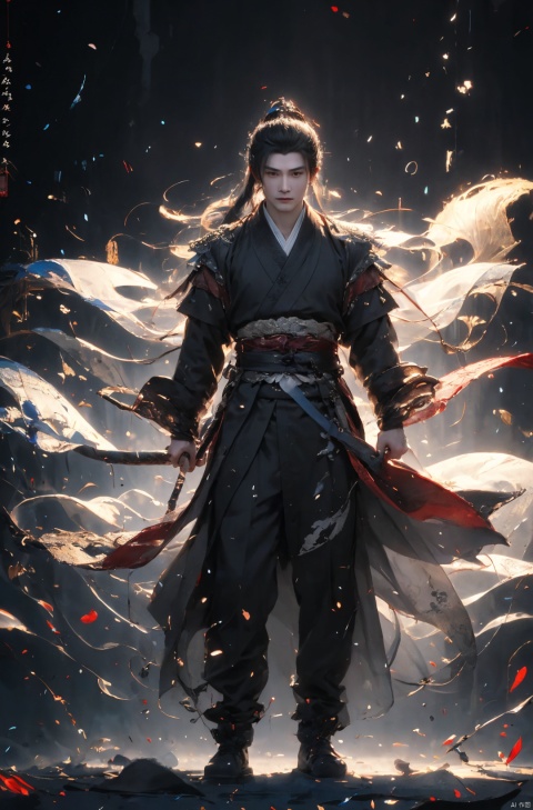  sdmai, wuxia, Chinese ink painting, artistic ink painting, Chinese martial arts films, wearing black robes, fighting posture, cinematic grandeur, splashing details, wild and powerful, solo, weapon, black hair, sword, long hair, male focus, looking at viewer, 1boy, scar, asuo, (\shen ming shao nv\), Ink scattering_Chinese style