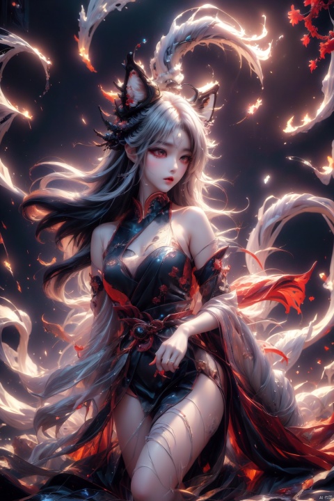  Key words: nine-tail demon fox spirit
; result word count: 200

Nine-tailed demon fox spirit, the core body is demon fox, the main action is to walk between the ancient shrines, the style is mysterious and elegant, the light effect is soft, the moonlight sprinkles on the fox's nine tails, the color is dark purple and silver, and the visual angle is looking up, showing the majesty and beauty of the demon fox, exquisite quality and full of dynamic feeling. It is ordered that this painting shows the mysterious charm of the nine-tailed fox spirit, which echoes with the ancient flavor of the shrine. Create a supernatural atmosphere., daughter of the Dragon King