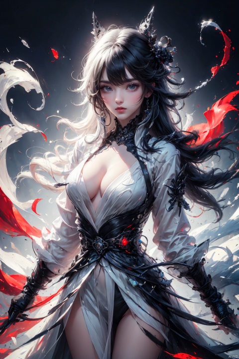  (masterpiece, best quality, best shadow,official art, correct body proportions, Ultra High Definition Picture,master composition),(bust:1.4), (light),
1girl, solo, breasts, looking at viewer, bangs, simple background, black hair, red eyes, gloves, long sleeves, hair between eyes, jewelry, upper body, white hair, multicolored hair, parted lips, teeth, black gloves, black eyes, two-tone hair, lips, streaked hair, coat, symbol-shaped pupils, ring, white coat, red pupils, x-shaped pupils, (hands behind back: 1.6),
