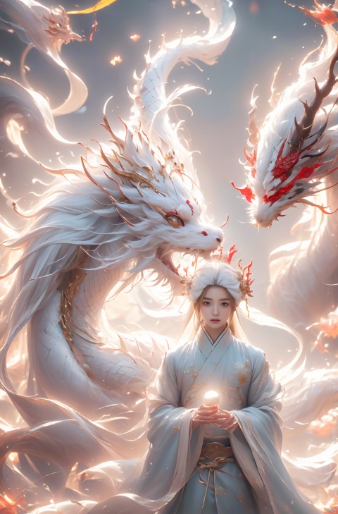  a male with white hair holding a glowing ball in her hands, white haired deity, by Yang J, heise jinyao, inspired by Zhang Han, xianxia fantasy, flowing gold robes, inspired by Guan Daosheng, human and dragon fusion, cai xukun, inspired by Zhao Yuan, with long white hair, fantasy art style,,Ink scattering_Chinese style, smwuxia Chinese text blood weapon:sw, lotus leaf, (\shen ming shao nv\), gold armor, a boy_gmlwman, wunv, Nine tails, a dragon, lbb, drakan_longdress_dragon crown_headdress, daughter of the Dragon King