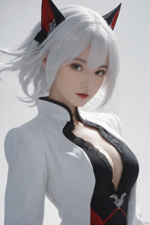  (masterpiece, best quality, best shadow,official art, correct body proportions, Ultra High Definition Picture,master composition),(bust:1.4), (light),
1boy, solo, breasts, looking at viewer, bangs, simple background, black hair, red eyes, gloves, long sleeves, hair between eyes, jewelry, upper body, white hair, multicolored hair, parted lips, teeth, black gloves, black eyes, two-tone hair, lips, streaked hair, coat, symbol-shaped pupils, ring, white coat, red pupils, x-shaped pupils, (hands behind back: 1.6),
, Nine tails, realistic, hybrid, Angel, Mecha, (\huo yan shao nv\), vampire