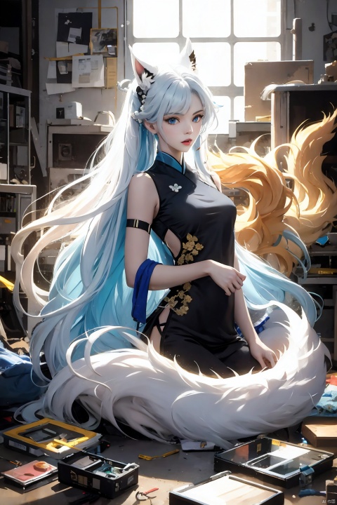  1girl, long hair, bangs, blue eyes, white hair, floating hair,Cubist abstraction, the figure of a girl amidst a geometrically fractured workshop, computer parts as the subject of artistic fragmentation, vibrant color palette, low-angle perspective, sharp lines, high-resolution canvas., (/qingning/), (\MBTI\), jiqing, babata, Nine tails