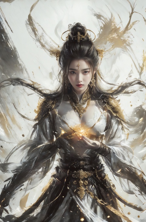  a woman with white hair holding a glowing ball in her hands, white haired deity, by Yang J, heise jinyao, inspired by Zhang Han, xianxia fantasy, flowing gold robes, inspired by Guan Daosheng, human and dragon fusion, cai xukun, inspired by Zhao Yuan, with long white hair, fantasy art style,,Ink scattering_Chinese style, smwuxia Chinese text blood weapon:sw, lotus leaf, (\shen ming shao nv\), gold armor, a boy_gmlwman, wunv