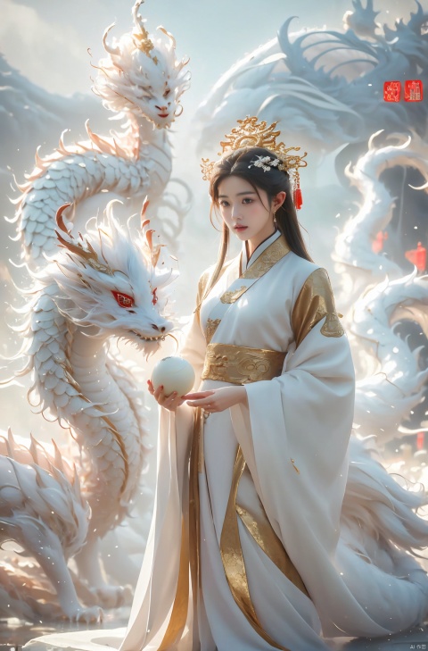 a woman with white hair holding a glowing ball in her hands, white haired deity, by Yang J, heise jinyao, inspired by Zhang Han, xianxia fantasy, flowing gold robes, inspired by Guan Daosheng, human and dragon fusion, cai xukun, inspired by Zhao Yuan, with long white hair, fantasy art style,,Ink scattering_Chinese style, smwuxia Chinese text blood weapon:sw, lotus leaf, (\shen ming shao nv\), gold armor, a boy_gmlwman, wunv, Nine tails, a dragon, lbb, drakan_longdress_dragon crown_headdress
