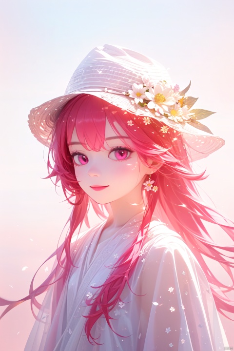  1girl, artist_name, bangs, closed_mouth, flower, gradient, gradient_background, hair_flower, hair_ornament, light_particles, long_hair, looking_at_viewer, pink_eyes, pink_hair, ribbon, sidelocks, smile, solo, upper_body, white_background, white_flower, white_headwear