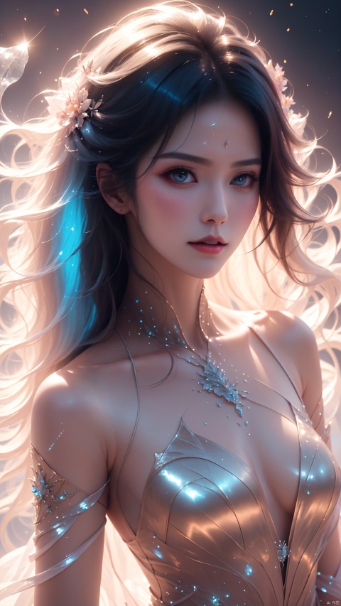  1girl,wearing Collectable Space Age Pearlescent Bracers, soft focus, Modern Art, （key light：1.2）,flower,jellyfish, Grayscale, glittering, runes,( Light streaks:1.3), （highly detailed：1.3）, 8K,jellyfishforest,,Fractal,smoke, cloud,Soaring through the clouds and mist, Colored hair,Colored smoke,moyou, Multidimensional diffraction paper,huge_breasts , glow, chaoyue, Angel