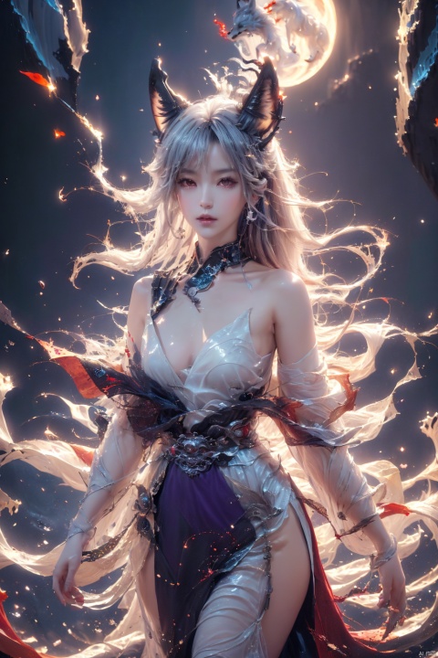  Key words: nine-tail demon fox spirit
; result word count: 200

Nine-tailed demon fox spirit, the core body is demon fox, the main action is to walk between the ancient shrines, the style is mysterious and elegant, the light effect is soft, the moonlight sprinkles on the fox's nine tails, the color is dark purple and silver, and the visual angle is looking up, showing the majesty and beauty of the demon fox, exquisite quality and full of dynamic feeling. It is ordered that this painting shows the mysterious charm of the nine-tailed fox spirit, which echoes with the ancient flavor of the shrine. Create a supernatural atmosphere., daughter of the Dragon King, 1girl