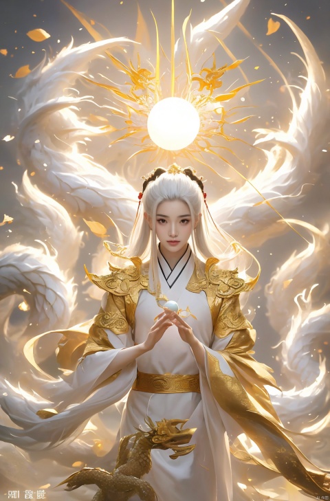 a woman with white hair holding a glowing ball in her hands, white haired deity, by Yang J, heise jinyao, inspired by Zhang Han, xianxia fantasy, flowing gold robes, inspired by Guan Daosheng, human and dragon fusion, cai xukun, inspired by Zhao Yuan, with long white hair, fantasy art style,,Ink scattering_Chinese style, smwuxia Chinese text blood weapon:sw, lotus leaf, (\shen ming shao nv\), gold armor, a boy_gmlwman, wunv, Nine tails, a dragon, lbb