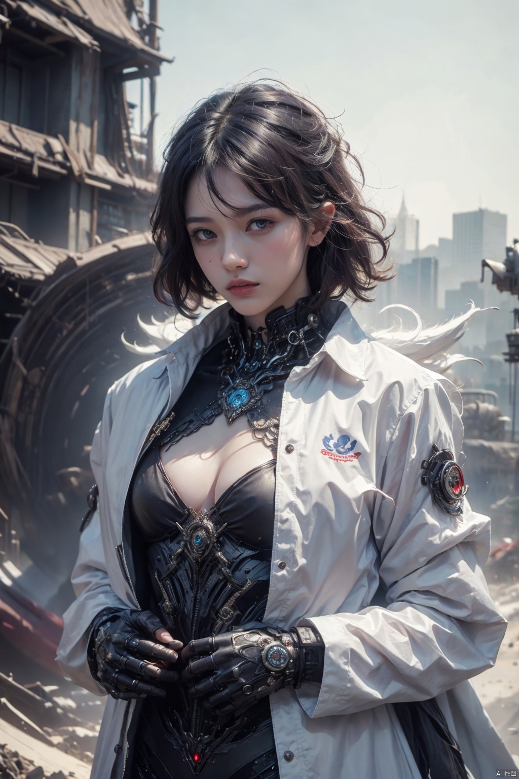  (masterpiece, best quality, best shadow,official art, correct body proportions, Ultra High Definition Picture,master composition),(bust:1.4), (light),
1boy, solo, breasts, looking at viewer, bangs, simple background, black hair, red eyes, gloves, long sleeves, hair between eyes, jewelry, upper body, white hair, multicolored hair, parted lips, teeth, black gloves, black eyes, two-tone hair, lips, streaked hair, coat, symbol-shaped pupils, ring, white coat, red pupils, x-shaped pupils, (hands behind back: 1.6),
, Nine tails, realistic, hybrid, Angel, Mecha, (\huo yan shao nv\), vampire, mecha_robot, cyberpunk,mecha, cyborg
