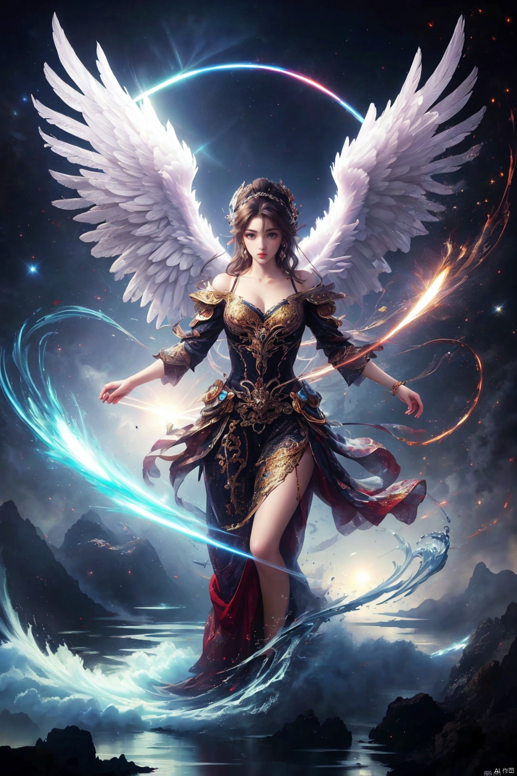  Angel Wings,Morgana ,(masterpiece, best quality:1.4),realistic anime style,(long exposure,shining light),dynamic streaks,luminous trails,vibrant colors,fluid movement,captivating patterns,creative experimentation,(1girl),(highest detailed),(masterpiece,best quality),Illustrative style,1girl,(masterpiece, top quality, best quality, official art, beautiful and aesthetic:1.2), huliya, qingyi, Mecha