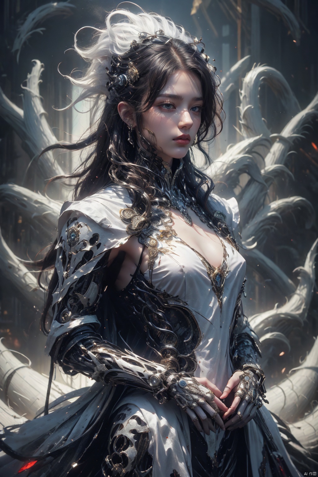  (masterpiece, best quality, best shadow,official art, correct body proportions, Ultra High Definition Picture,master composition),(bust:1.4), (light),
1boy, solo, breasts, looking at viewer, bangs, simple background, black hair, red eyes, gloves, long sleeves, hair between eyes, jewelry, upper body, white hair, multicolored hair, parted lips, teeth, black gloves, black eyes, two-tone hair, lips, streaked hair, coat, symbol-shaped pupils, ring, white coat, red pupils, x-shaped pupils, (hands behind back: 1.6),
, Nine tails, realistic, hybrid, Angel, Mecha, (\huo yan shao nv\), vampire, mecha_robot, cyberpunk,mecha, cyborg