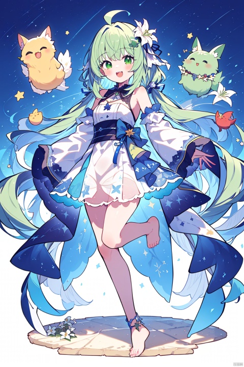  (best quality), (masterpiece),1girl, dress, flower, white dress, solo, long hair, green hair, open mouth, bangs, smile, looking at viewer, detached sleeves, green eyes, star \(sky\), white flower, full body, standing on one leg, hair ornament, :d, long sleeves, standing, lily \(flower\), very long hair, sky, barefoot, breasts, starry sky, see-through sleeves, see-through, teeth, plant, blood, star \(symbol\), bare shoulders