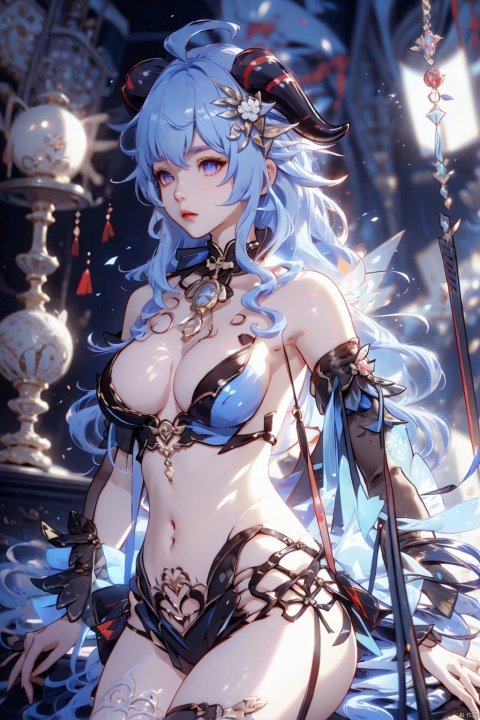  (masterpiece, best quality, best shadow,official art, correct body proportions, Ultra High Definition Picture,master composition),(bust:1.4), (backlight), 
//////
ganyu,1girl,solo,blue hair,ahoge,horns,with a little bell around his neck,detached sleeves, sidelocks,alternate costume,metallic white flower hair accessories,bangs,hair between eyes,bare shoulders,long hair,dress, sexy, plump, 
//////
(dark background), light, 
//////
1girl,cute girl, Metal_wing, masterpiece, ganyu, tattoo on stomach
