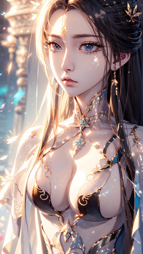  1girl, black hair, long hair, dress, solo, white dress, hair ornament, chinese clothes, facial mark, hair bun, forehead mark, earrings, perfect body, scenery, sharp focus, best quality, masterpiece, detailed outfit, illustration, perfect eyes, finely detailed beautiful anime eyes, realistic skin, intricate details, best lighting, depth of field, ultra high resolution,cowboy_shot, dynamic pose, dynamic angle, cute girl, pf-hd, ((poakl))