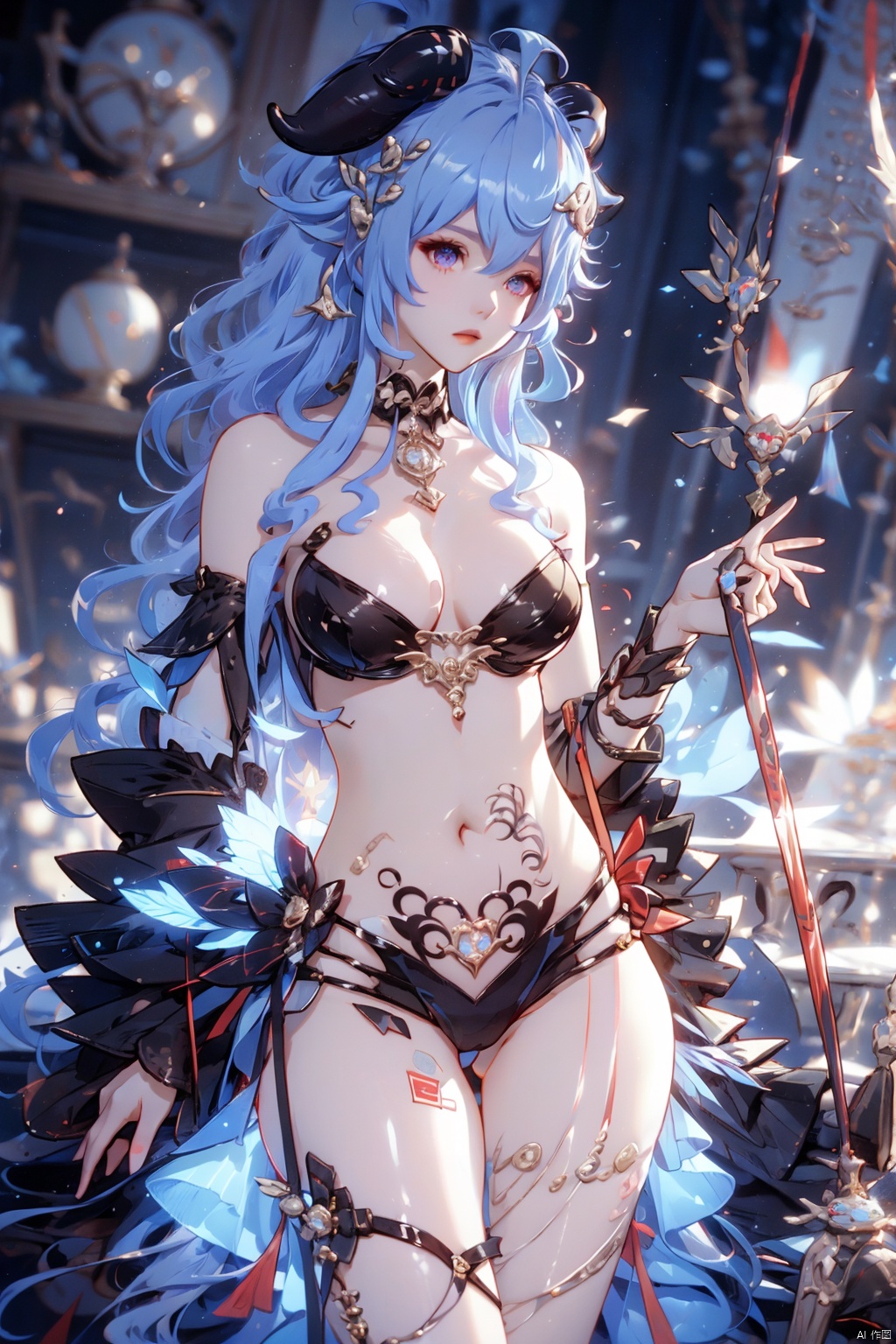  (masterpiece, best quality, best shadow,official art, correct body proportions, Ultra High Definition Picture,master composition),(bust:1.4), (backlight), 
//////
ganyu,1girl,solo,blue hair,ahoge,horns,with a little bell around his neck,detached sleeves, sidelocks,alternate costume,metallic white flower hair accessories,bangs,hair between eyes,bare shoulders,long hair,dress, sexy, plump, 
//////
(dark background), light, 
//////
1girl,cute girl, Metal_wing, masterpiece, ganyu, tattoo on stomach