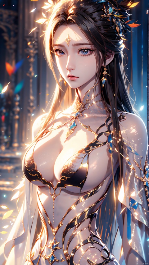  1girl, black hair, long hair, dress, solo, white dress, hair ornament, chinese clothes, facial mark, hair bun, forehead mark, earrings, perfect body, scenery, sharp focus, best quality, masterpiece, detailed outfit, illustration, perfect eyes, finely detailed beautiful anime eyes, realistic skin, intricate details, best lighting, depth of field, ultra high resolution,cowboy_shot, dynamic pose, dynamic angle, cute girl, pf-hd, ((poakl))
