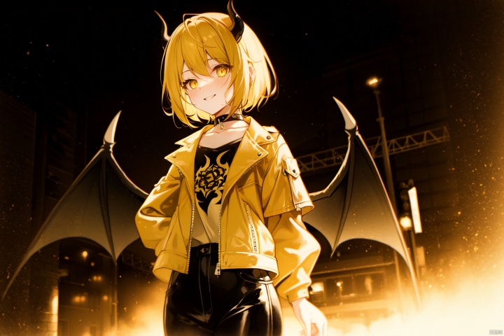 demon wings, yellow wings, 1 demon girl, garnet eyes, demon horns, demon tail, short yellow hair, (grin:0.8), provocative, 
choker, latex, leather jacket, yellow shirt, leather short, 
downtown, night, 
depth of field, sharp focus, looking at viewer, cowboy shot, 
(intricate:1.2), (yellow theme:1.2), (yellow tone:1.2), black tone, illustration