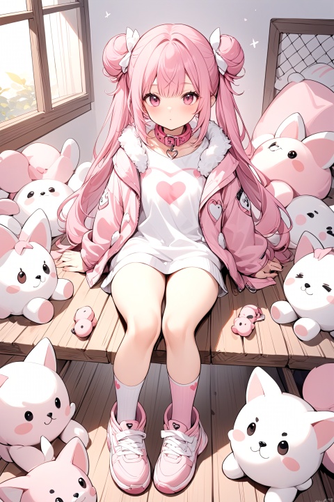  1girl,the character has pink hair with two large pink buns,wearing a white top with a pink fluffy collar,a pink jacket with white fur lining,pink knee-high socks,and pink sneakers with a white design she is sitting on a wooden surface,surrounded by three small pink plush toys,one of which has a red heart on its chest,