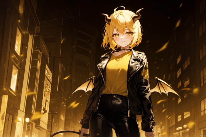demon wings, yellow wings, 1 demon girl, garnet eyes, demon horns, demon tail, short yellow hair, (grin:0.8), provocative, 
choker, latex, leather jacket, yellow shirt, leather short, 
downtown, night, 
depth of field, sharp focus, looking at viewer, cowboy shot, 
(intricate:1.2), (yellow theme:1.2), (yellow tone:1.2), black tone, illustration