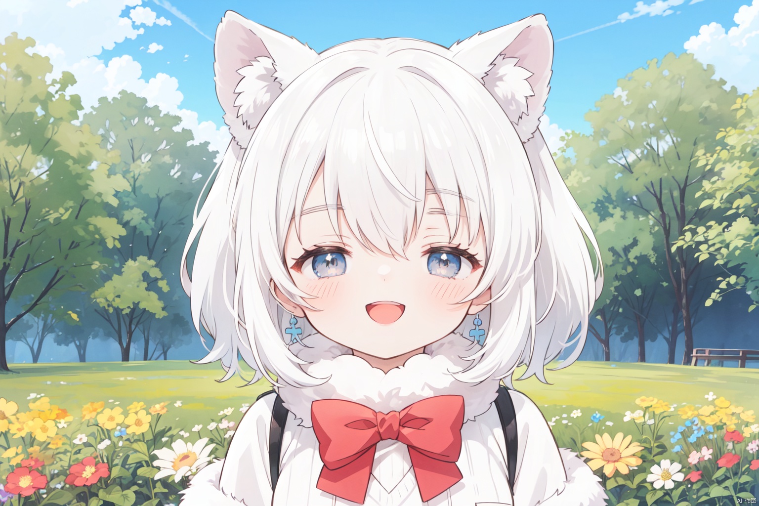 (anime screencap:1.2), (flat_color), (alpaca suri) kemono friends, ((1girl solo)), alpaca girl, alpaca ears, white hair, short hair, single hair bun, hair tubes, hair over one eye, (smile closed eyes), bowtie, fur collar, fur trim, white sweater, white vest, long sleeves, 
(best smile:1.3), open mouth, blush, ((outdoors, flower)), face focus, ((upper_body)), white pantyhose