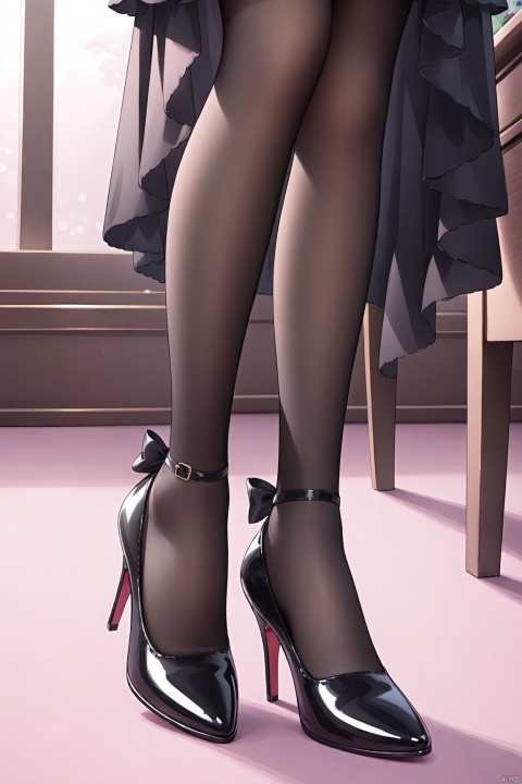 very long hair,twintails, black_footwear, 1girl, solo, high_heels, shoes, pantyhose, feet, close-up, foot_focus, bow, indoors, lower_body, black_bow, PVC