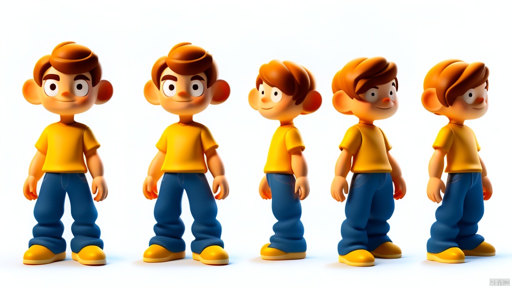 A slightly tall, slender, yet healthy and handsome young man with a sunny and outgoing personality, dressed in a simple T-shirt paired with jeans. He has short hair, neatly trimmed but possibly with a slightly messy look. Character sheet featuring various expressions and poses, against a white background.Character Design.