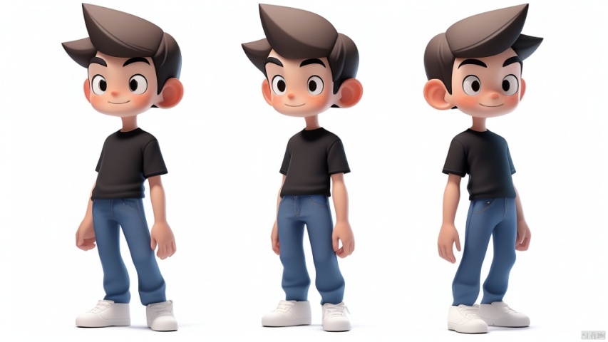A slightly tall, slender, but healthy and handsome young boy, with a sunny and cheerful personality, dressed in a simple T-shirt paired with jeans. His hair is neatly trimmed but may have a slightly messy look. Character sheet featuring multiple expressions and poses against a white background.