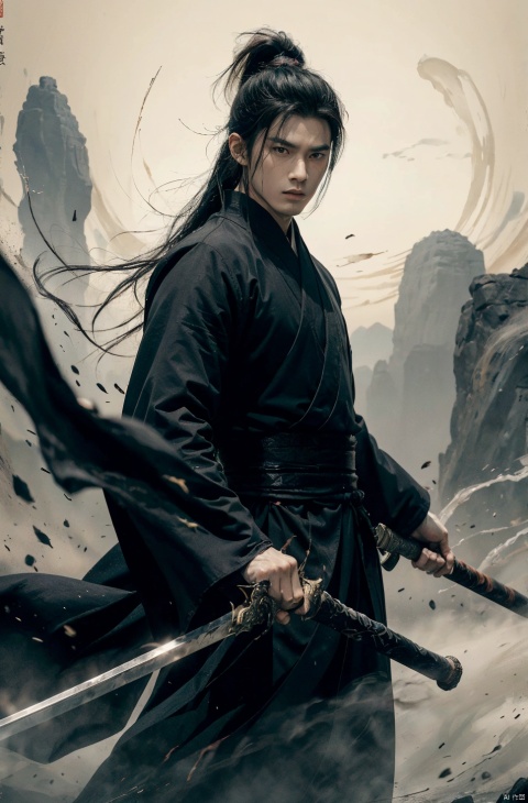  sdmai, wuxia, Chinese ink painting, artistic ink painting, Chinese martial arts films, wearing black robes, fighting posture, cinematic grandeur, splashing details, wild and powerful, solo, weapon, black hair, sword, long hair, male focus, looking at viewer, (1boy), scar, asuo