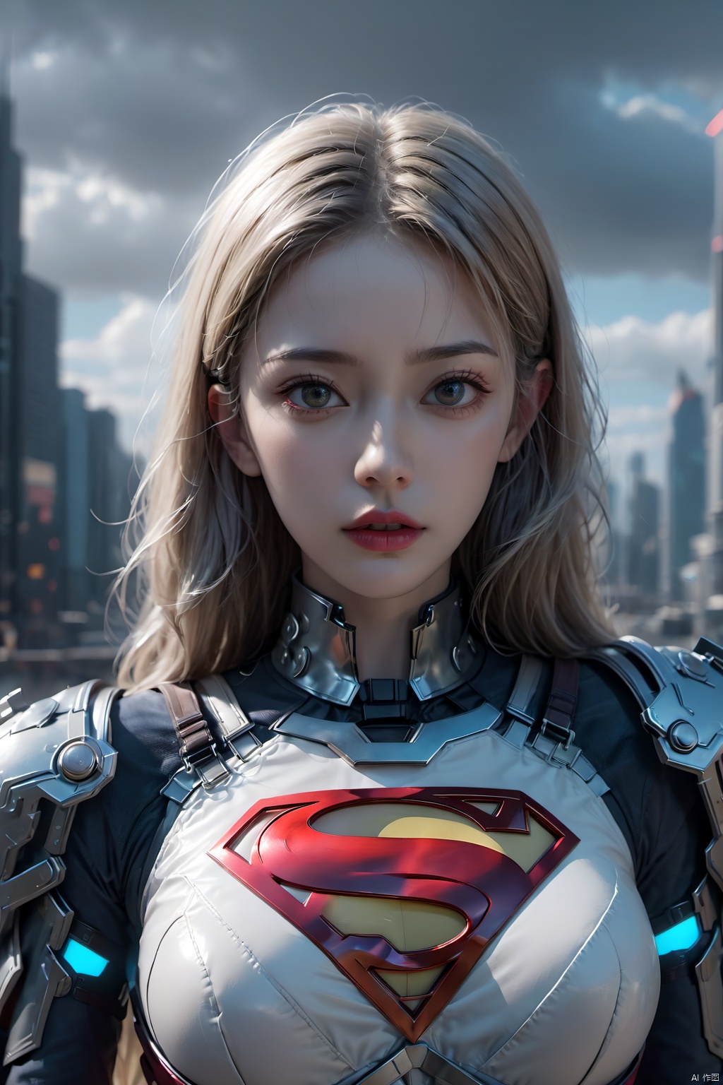  Supergirl, realistic, horror art, Vivid Colors, 8K, Ray Tracing Ambient Occlusion, Futurism, superb, professional, cyberpunk chrome accent body armor, horror element, dark cloudy sky background, deep shadow
