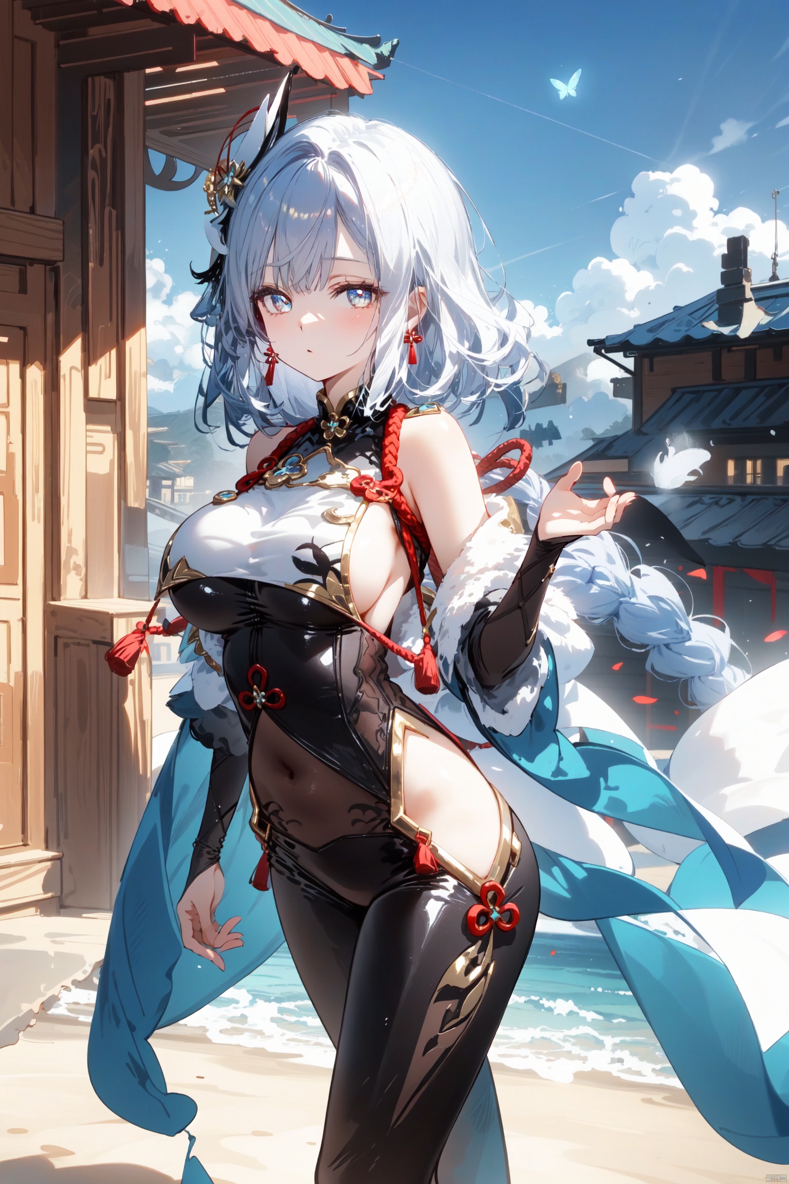  1girl, solo, breast curtain, long hair, blue eyes, looking at viewer, breasts, white hair, hair ornament, braid, bangs, earrings, braided ponytail, bodysuit, jewelry, butterfly, cropped torso, large breasts, bug, shoulder cutout, bare shoulders, closed mouth, very long hair, tassel, black bodysuit, scenery, fighting_stance,