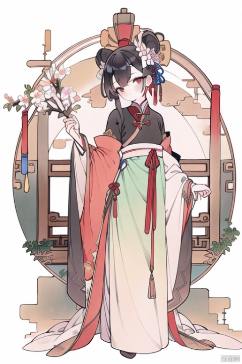 1girl, solo, looking at viewer, bangs, black hair, hair ornament, long sleeves, dress, ribbon, holding, flower, hair flower, wide sleeves, hair bun, head tilt, traditional media, chinese clothes, instrument, holding instrument, hanfu,full_body