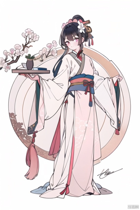 1girl, solo, long hair, looking at viewer, bangs, simple background, black hair, hair ornament, long sleeves, holding, closed mouth, standing, full body, ponytail, flower, hair flower, wide sleeves, kimono, book, sash, obi, white flower, tassel, pink flower, holding book, white kimono, open book, hanfu,hanfu,chinese_clothes
