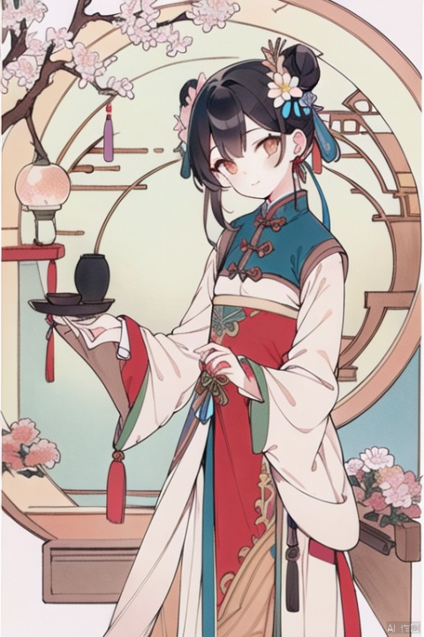 1girl, solo, looking at viewer, bangs, black hair, hair ornament, long sleeves, dress, ribbon, holding, flower, hair flower, wide sleeves, hair bun, head tilt, traditional media, chinese clothes, instrument, holding instrument, hanfu