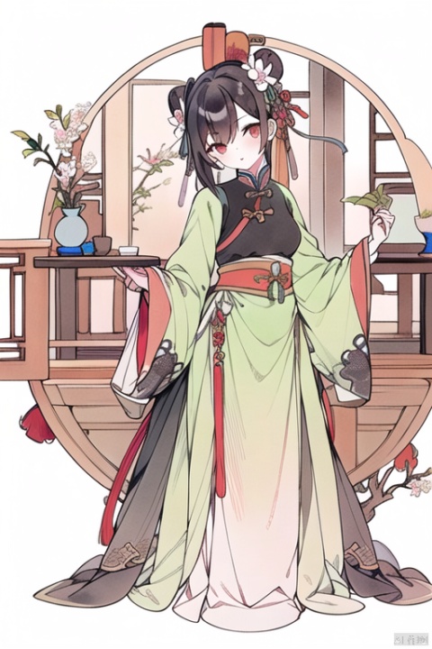 1girl, solo, looking at viewer, bangs, black hair, hair ornament, long sleeves, dress, ribbon, holding, flower, hair flower, wide sleeves, hair bun, head tilt, traditional media, chinese clothes, instrument, holding instrument, hanfu,full_body