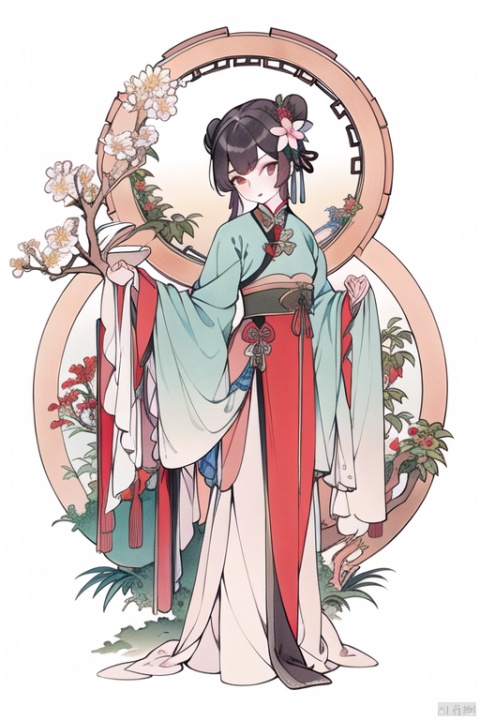 1girl, solo, looking at viewer, bangs, black hair, hair ornament, long sleeves, dress, ribbon, holding, flower, hair flower, wide sleeves, hair bun, head tilt, traditional media, chinese clothes, instrument, holding instrument, hanfu,full_body