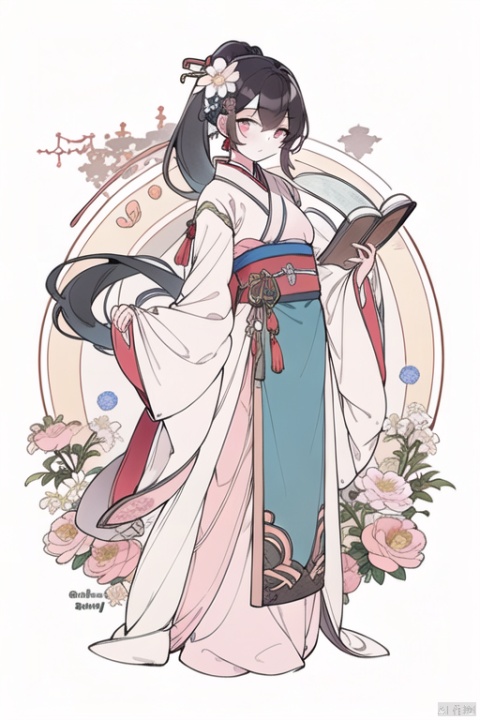 1girl, solo, long hair, looking at viewer, bangs, simple background, black hair, hair ornament, long sleeves, holding, closed mouth, standing, full body, ponytail, flower, hair flower, wide sleeves, kimono, book, sash, obi, white flower, tassel, pink flower, holding book, white kimono, open book, hanfu,hanfu,chinese_clothes