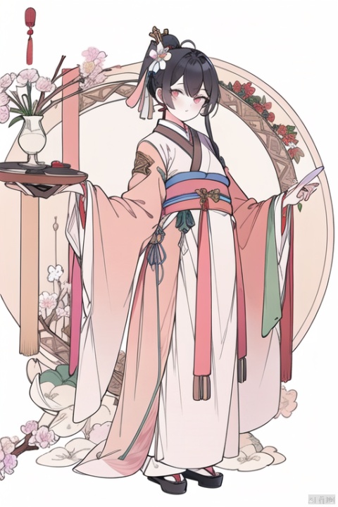 1girl, solo, long hair, looking at viewer, bangs, simple background, black hair, hair ornament, long sleeves, holding, closed mouth, standing, full body, ponytail, flower, hair flower, wide sleeves, kimono, book, sash, obi, white flower, tassel, pink flower, holding book, white kimono, open book, hanfu,hanfu,chinese_clothes