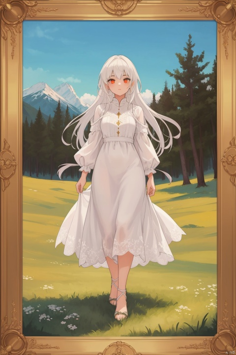  (highly detailed), ((masterpiece)),(Impasto), intricate, church painting,(((1 girl))) , painting frame, fantasy ,delicate grassland,sorceress,shepherd long white hair,red dragon eye,white dress ,(pretty face),beautiful detailed face,extremely delicate and beautiful girls,alps,full_body,evergreen coniferous forest ,clear sky ,wind ,beautiful sky ,cumulus