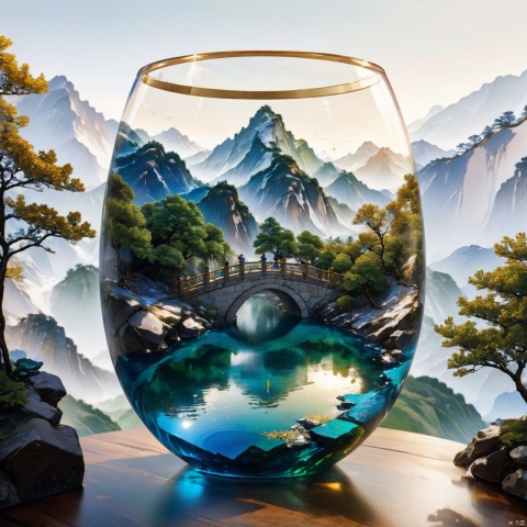  (miniature landscape in a glass:1.5) , chinses landscape, 3d stereo effect of the mountain, blue and green color scheme, gold lines, natural light, panoramic composition, blurred background,details, HD 8K, outdoor,AgainGuofengStyle,山水如画