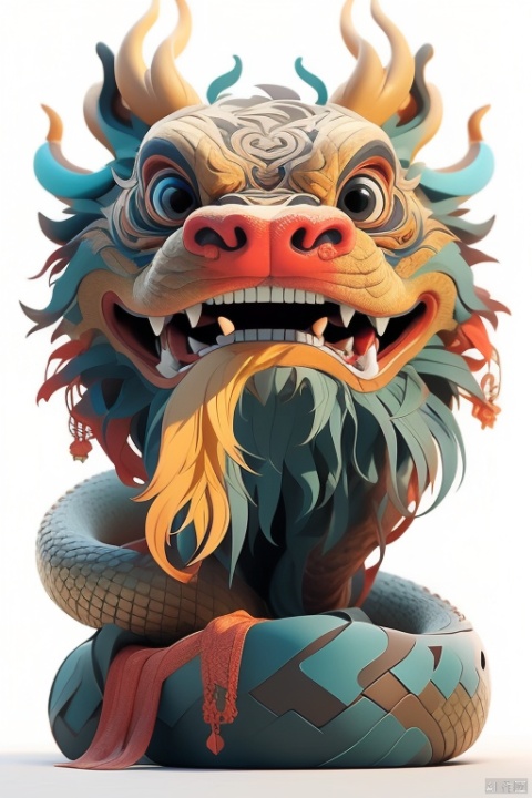 Chinese mythology, Anthropomorphic snake, roaring, cartoon IP, volumetric lighting, pure white background, advanced color system, octane rendering, Pinterest, isometric, surrealism, 3D, Behance, 3d stely