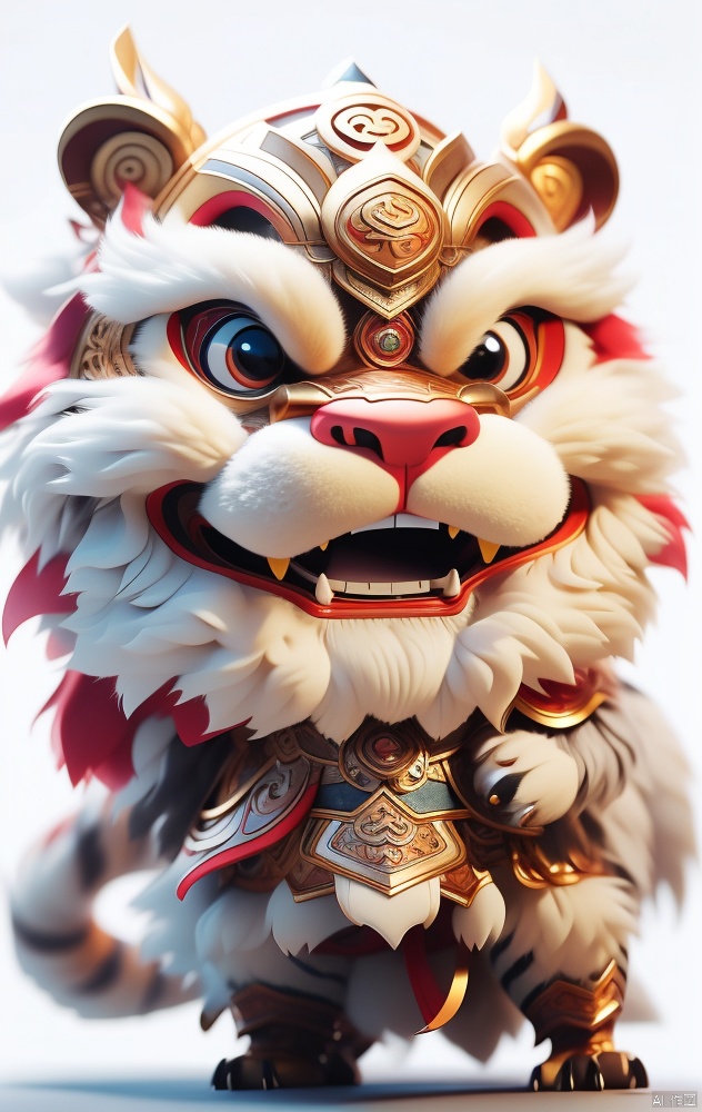 Chinese mythology, Anthropomorphic cute tiger, roaring, cartoon IP, volumetric lighting, pure white background, advanced color system, octane rendering, Pinterest, isometric, surrealism, 3D, Behance