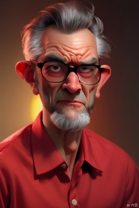solo, Crystal skin, award winning, high quality, there is a man with glasses and a red shirt on, wadim kashin. ultra realistic, ren and stimpy style, c 4 d ”, (ears:1), 7 0 years old, photoreal”, rossdraws 1. 0, realistic ”