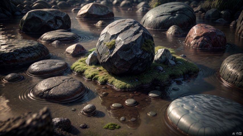 wet rocks vovered in moss and mud, topview, miniature, 8k, ((octane render)), 