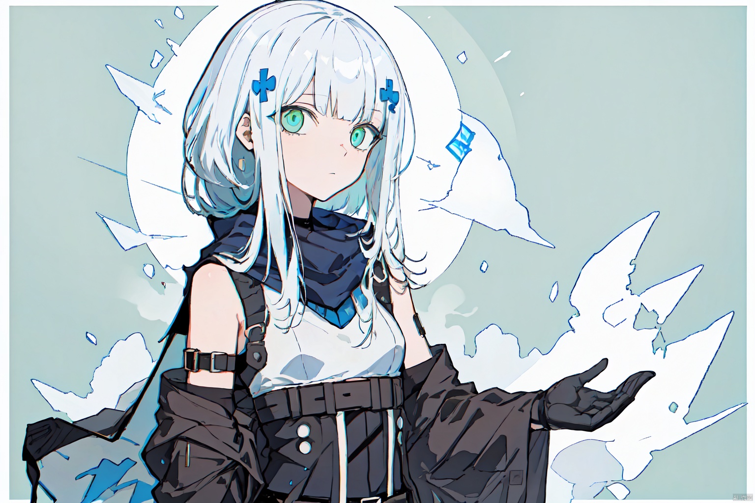 {{{hk416 (girls' frontline)}}},{{{latex}}},{{leotard}},{best quality},{{latex elbow gloves}}, {{latex leotard under clothes}},{{{latex corset}}},{{masterpiece}}, {highres},{best quality}, {{masterpiece}}, {highres},{{long hair}}, Green eyes,highlights latex suit,{{Latex highlights}},Latex shawl,(negative prompt:1.9),[(white background:1.5)::0.9],[(transparent background:1.3)::0.5],upper body,look at view,High ponytail,cowboy shot,Tarot border,,///,incredibly_absurdres, highly detailed, refined rendering, illustration, (highres), original, cinematic angle, night,solo,,1girl, small_breasts, shaded face, beautiful detailed face, green eye makeup, beautiful detailed eyes, blue eyes, black furrows under the eyes, sliver and blue gothic dress, cross ribbon, buckle belt, exquisite clothes