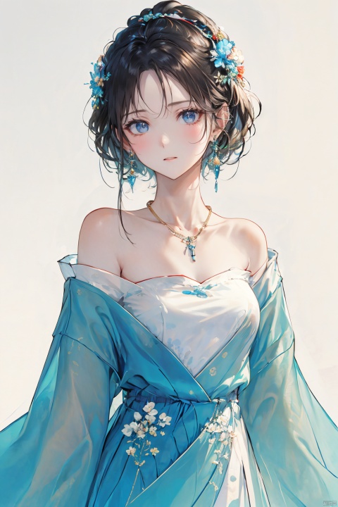 (best quality),((masterpiece)),(highres),illustration,original,extremely detailed,1people,solo,white background,blue eyes,looking at viewer,earrings,bare shoulders,collarbone,off shoulder,bracelet,necklace,Exaggerated perspective,