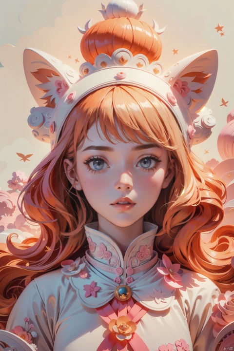  (masterpiece:1.2),best quality,highers,extremely detailed CG,perfect lighting,8k wallpaper,Minimalist pure white background,A three-year-old girl blinked her head, a very fat one little orange cat, Paper carving art, pink fantasy