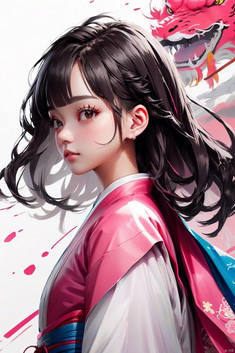  Pure white background, graffiti illustration, line illustration, close-up of the upper body of a modern girl, exquisite three-dimensional facial features, tilt-shift photography, minimalist composition, pure white background, color block splicing, super simplicity, Miyazaki Hayao, bright pink color, wmchahua, (\ji jian\), HanFu