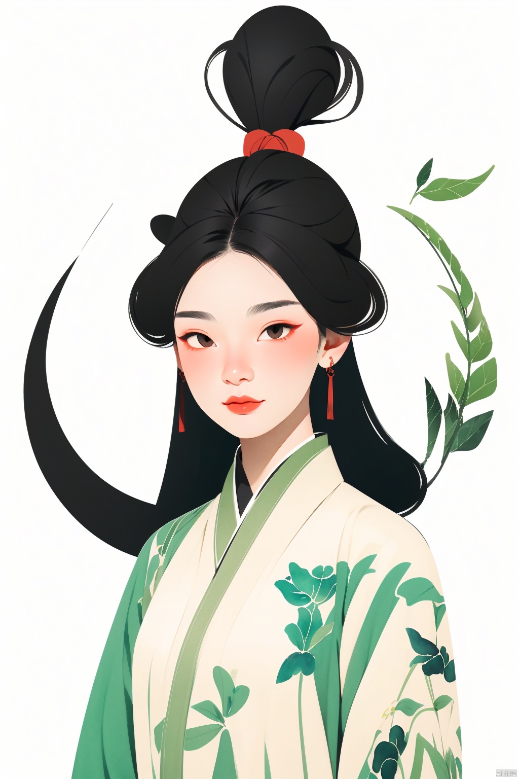  （Flat color：1.7）、Traditional Chinese Gongbi Painting Style,The visual style adopts flowing thin lines to showcase Chinese style,The screen is expressed using a flat technique。The screen adopts the style of the Song Dynasty in China, The color uses traditional Chinese colors and is treated with transparency. Screen characters Black hair、No complicated headgear。The screen apply elements related to the Song Dynasty in China.Chinese style light watercolor、White background, Picture composition focuses on the head（Enlarge facial details）, The girl's eyes are decorated with leaves,vector illustration。The overall picture is presented in artistic form and does not require realism。When presenting the screen, only the head is displayed, Zhangdaqian。Soft image details, no need for shadow processing